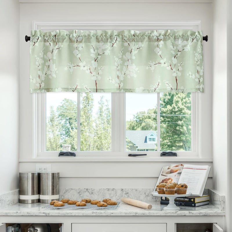 FMFUNCTEX Green Window Valance Curtains for Living Room White Floral Print on Canvas Kitchen Valance for Bathroom Basement Window Top Botanical Blossom 54â€ W x 15" L 1 Panel - Image 1